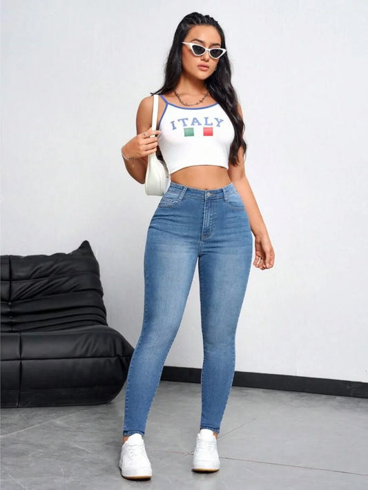 Plus size women's fashionable and versatile slim-fitting pure blue skinny jeans, stretch jeans, high waist and slim fit