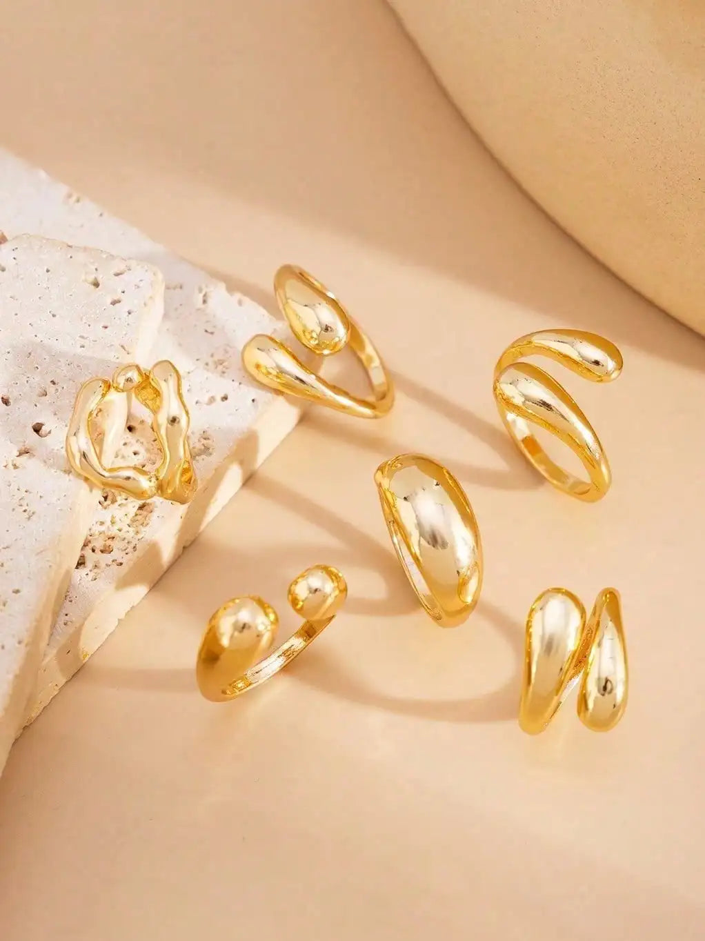 6pcs/Set Vintage Minimalist Alloy Molten Lava Teardrop Design Open Rings, Asymmetrical Fashionable Thick Metal Gold Tone Ring Se