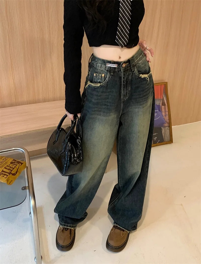 Women's Harajuku Style Loose Wide Leg Jeans Autumn Winter Street Fashion Retro Straight Loose Denim Trousers 