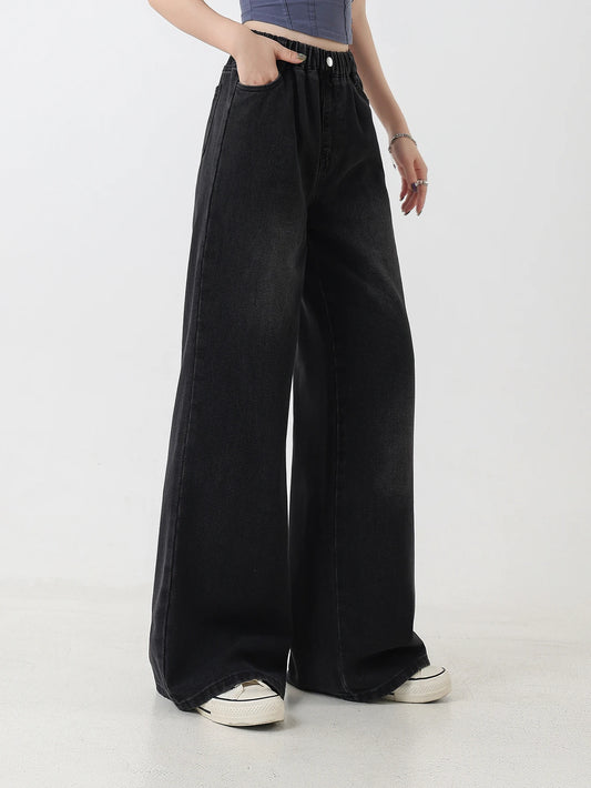 Preppy Style Versatile Black Washed Jeans for Girls – Vintage Loose Fit Straight-Leg Wide Pants, Trendy & Chic