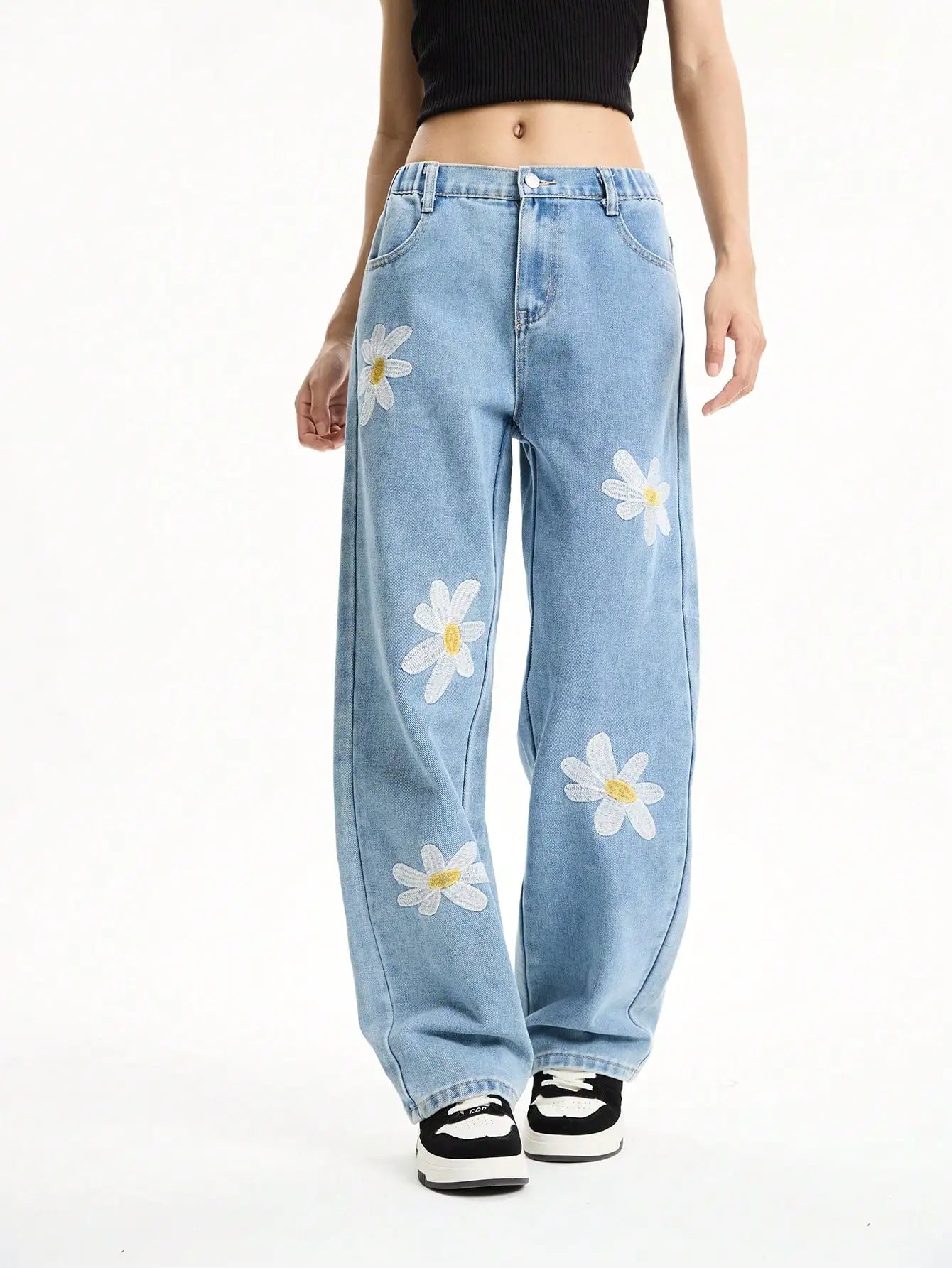 Middle and large girls youth college style loose wide-leg straight pants casual long versatile jeans