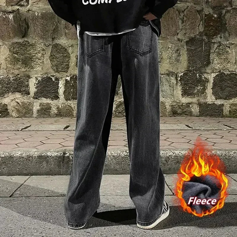 Winter Fleece Loose Jeans,  Loose Straight Velvet Warm and Comfortable Elastic Waist Wide Leg Pants Brand Men's Clothing
