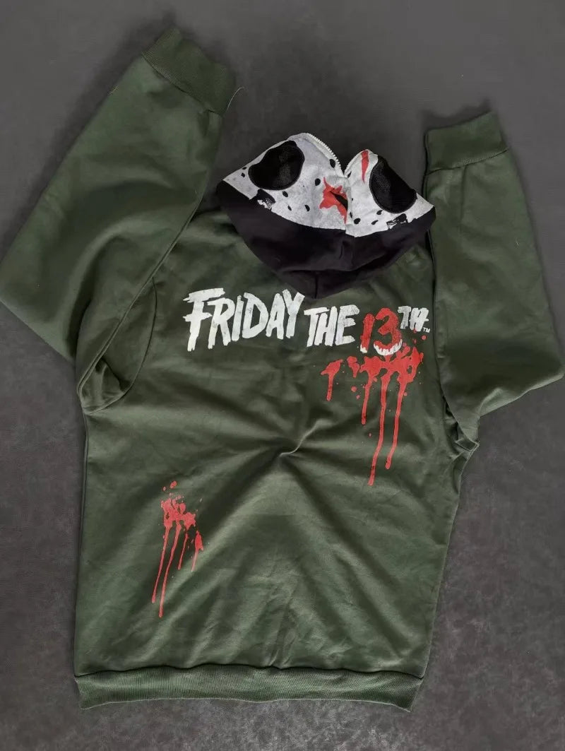 American Goth Harajuku full zipper mask pattern men hoodie Y2K high street palm dark green clothing fashion casual sportswear