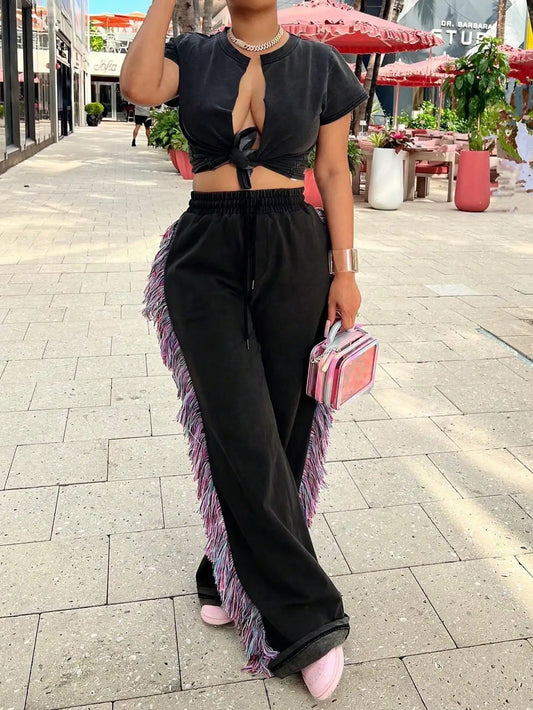 Women's Casual High Waist Fringe Tassel Pants - Drawstring Elastic Waist Long Sweatpants (Streetwear, New Year Warm Thermal)