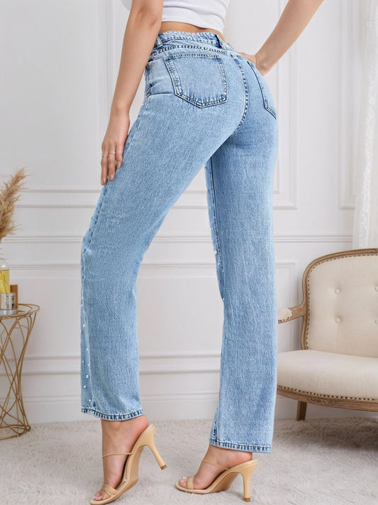 Women's New Fashionable and Versatile Pearl Straight Jeans, Five-Pocket Design, Machine Washable, Basic Style, Suitable for All