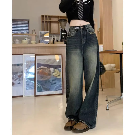 Women's Harajuku Style Loose Wide Leg Jeans Autumn Winter Street Fashion Retro Straight Loose Denim Trousers 