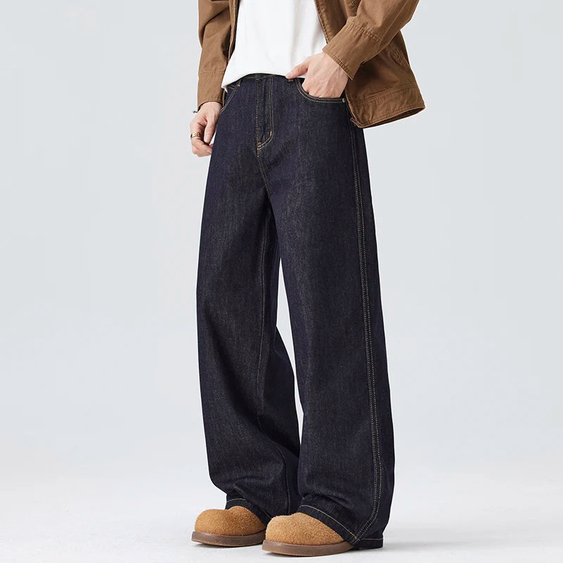High-end Quality Primary Color Jeans Man Autumn and Winter N Street Craze Brand Handsome Wide Leg Straight Tube Pants