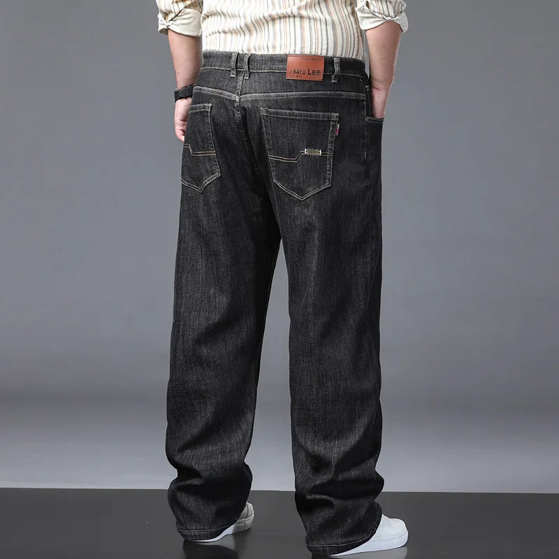 Plus Size Men Winter Straight Jeans 50-150KG Fleece-lined Black Stretch Casual Pants Business Baggy Denim Trousers Male Clothing