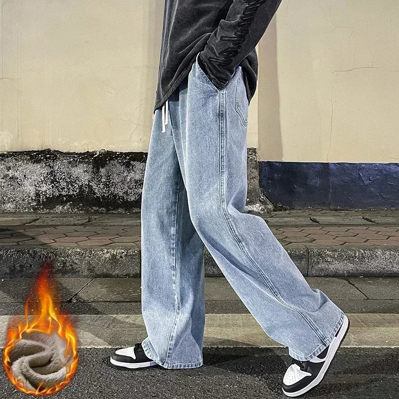 Winter Fleece Loose Jeans,  Loose Straight Velvet Warm and Comfortable Elastic Waist Wide Leg Pants Brand Men's Clothing