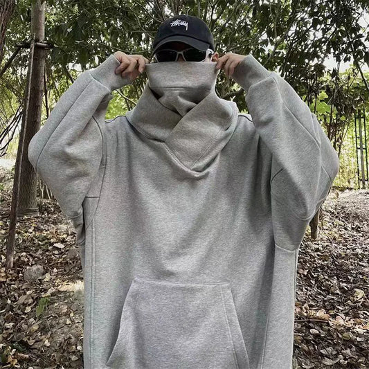 Autumn Solid Color Japanese Ninja Hoodies Men's Turtleneck Vintage Fleece Sweatshirts Hip Hop Y2K Streetwear Oversized Hoodie