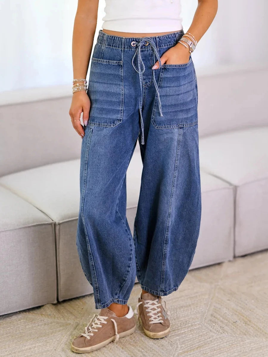 Women s High Waisted Denim Jeans Stretchy Elastic Waistband Tie-up Loose Fit Pants with Pockets Perfect for Everyday Street