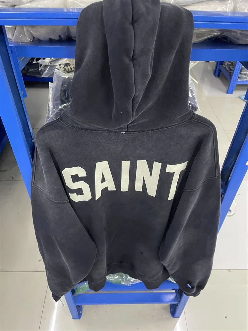 New VTG Saint Letter Logo Print Washed Hoodie Cotton Casual For Men Women Hip Hop Oversize High Street Damaged Hole Streetwear