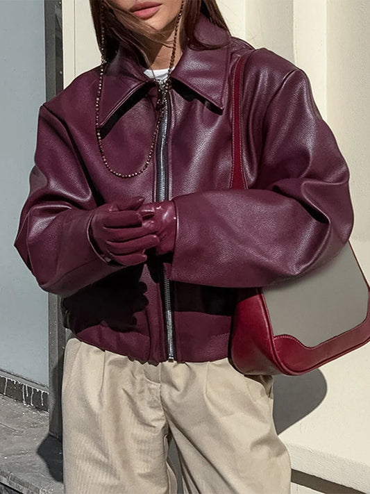 Women s Faux Leather Moto Jacket with Removable Hood Vintage Long Sleeve Lapel Collar Zip Up Biker Coat Outwear