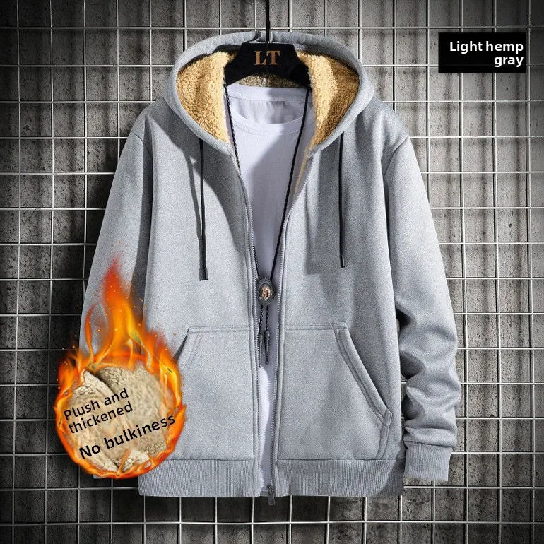 2025 Plush Lined Hoodie Men - Winter Thickened Zip Up Sweatshirt Youth Drop Shoulder Outerwear S-5XL College Style