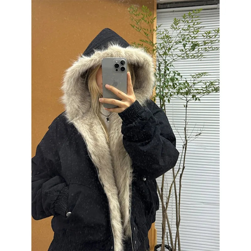 American Retro Fur Collar Hooded Jacket Women Y2K Streetwear Winter New Velvet Thickened Warm Harajuku Loose Casual Jacket
