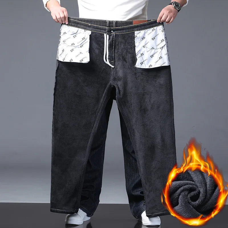Plus Size Men Winter Straight Jeans 50-150KG Fleece-lined Black Stretch Casual Pants Business Baggy Denim Trousers Male Clothing