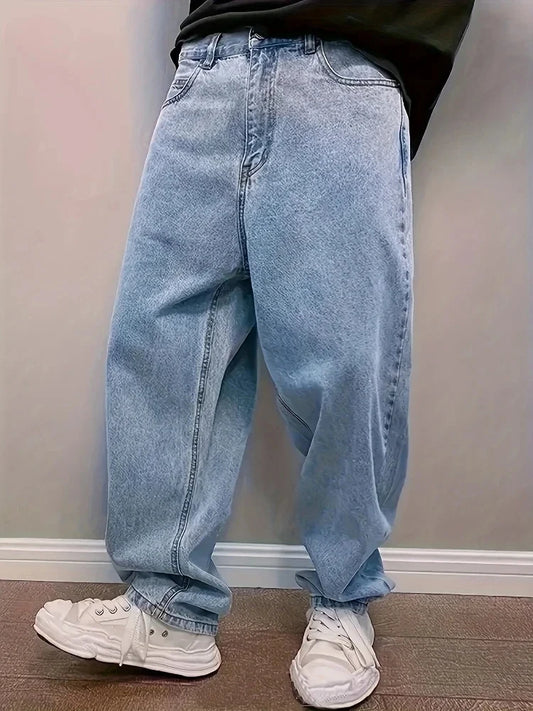 Y2k Oversize Fashion Baggy Jeans Mens Loose Straight Streetwear Hip Hop Denim Trousers Washed Trendy Wide Leg Pants Light Blue