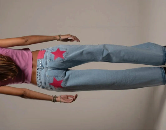 ONE DILEMMA Blue Five-Pointed Star High Waited Jeans Y2K Street Harajuku Baggy Jeans Women Clothing Casual Straight Denim Pants