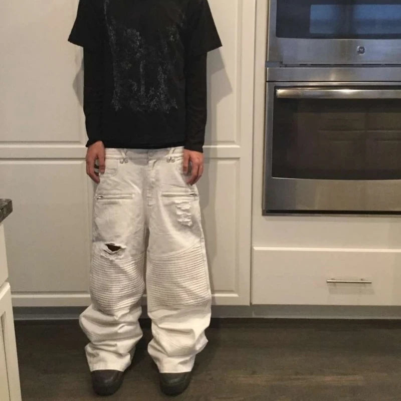 Y2K Retro Biker Denim Pants Zipper Pocket Distressed Holes Ruched Jeans New Trendy High Street Streetwear Unisex Baggy Trousers