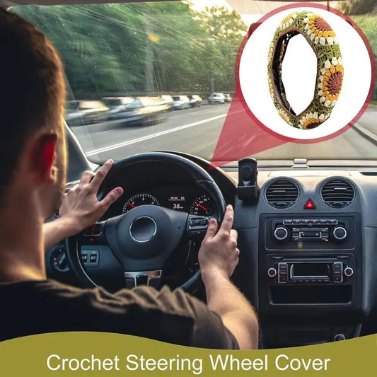 Steering Wheel Cover Set For Women Anti-Slip Handmade Knitted Sunflower Steering Wheel Cover Aesthetic Soft Decor Car