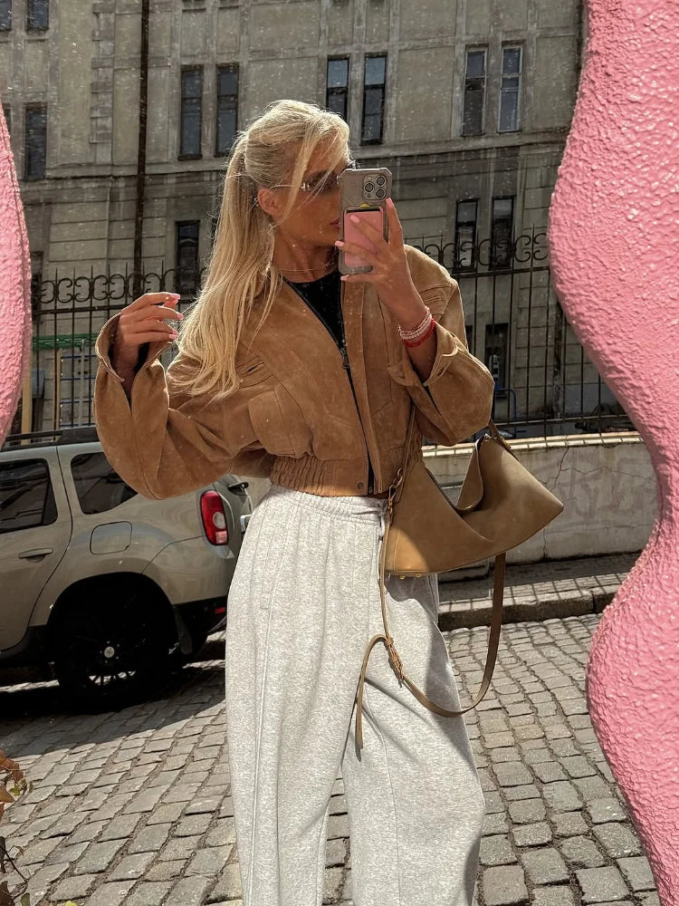 Full Sleeve Zipper Cropped Suede Jacket Women Casual Lapel Pocket Loose Thin Coat 2025 Autumn Lady Highstreet Commute Outwear