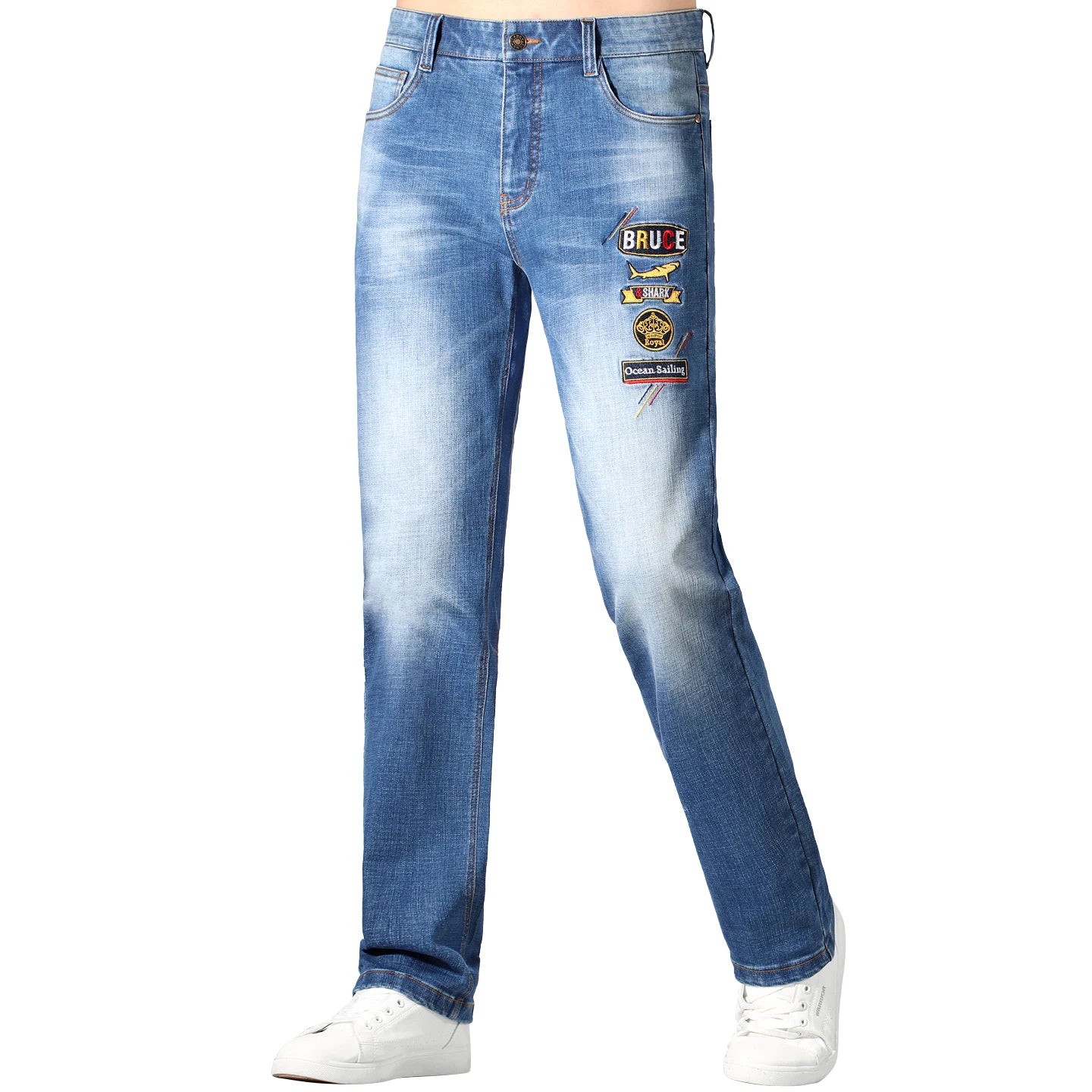 2025 Stretch Men's Jeans, New Trend Embroidered Blue Jeans, Bruce&Shark Loose Straight Leg Jeans For Man, Thick Cotton Big Size