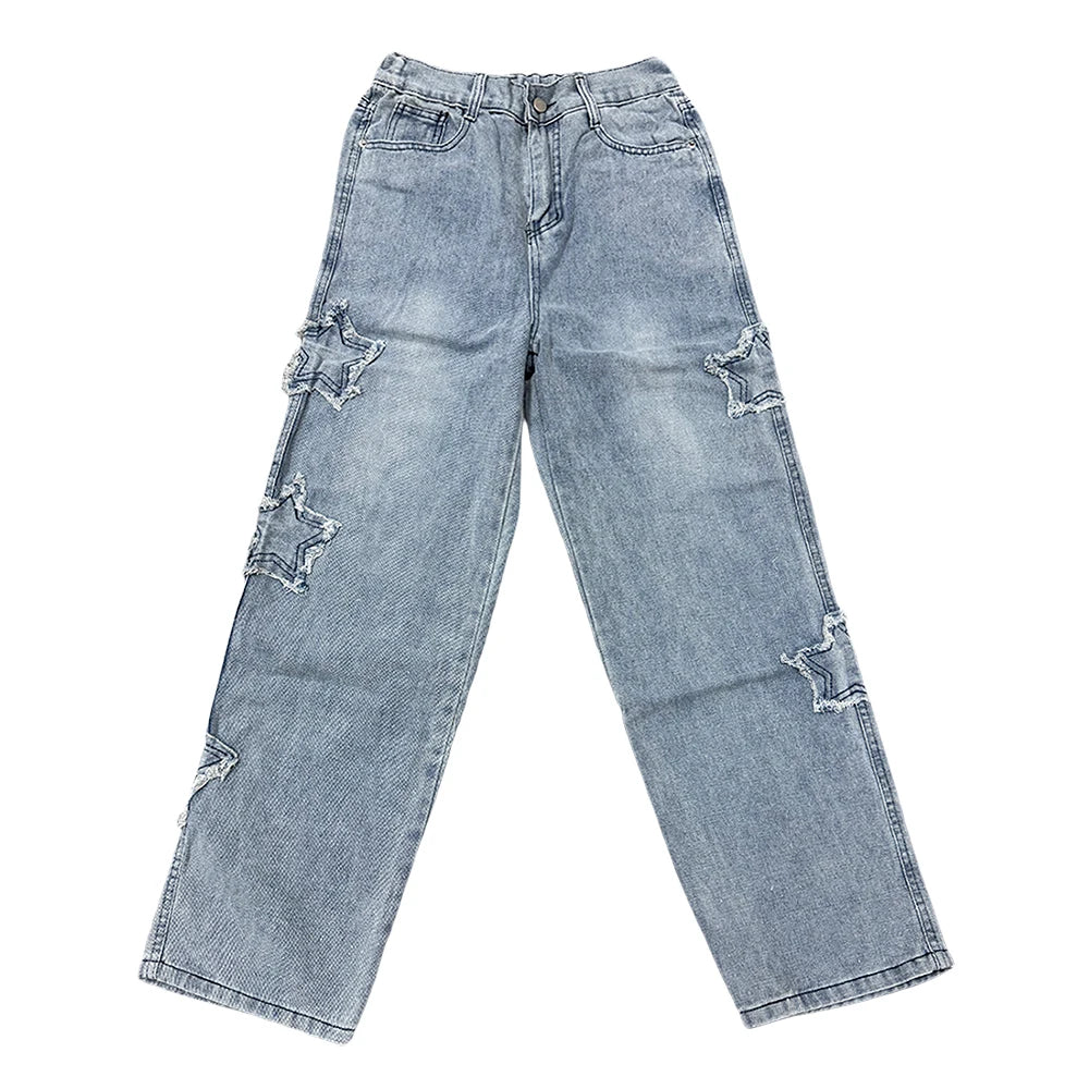 Stars Patchwork Men Jeans New Fashion Y2K Tassel Pants Korea Clothes Straight Hip Hop Splicing Trousers Male Streetwear