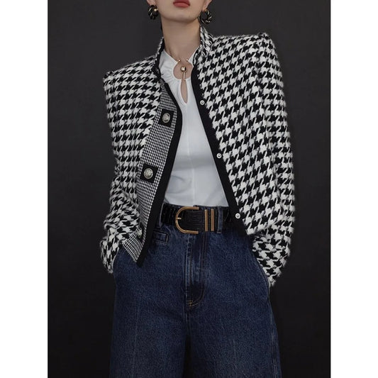 Women's Houndstooth Outerwears & Jacket Stand Collar Long Sleeves Autumn Winter Fall Clothes 2024 Women Classics Coat