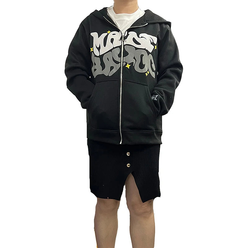Men Women Hoodie Long Sleeve Letters Print Zipper Closure Sweatshirt Jacket with Pockets