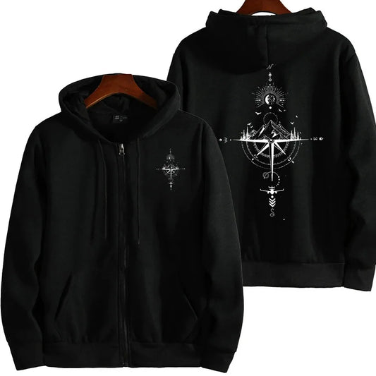 Zip Hoodies for Men Vintage Compass Print  Hooded Long Sleeve Pullover Winter Daily Casual Sports Tops Men's Clothes