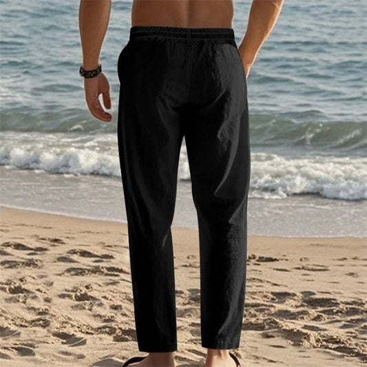Men s Lightweight Drawstring Linen Pants with Pockets Comfortable Straight Leg Casual Trousers for Summer Beach Wear