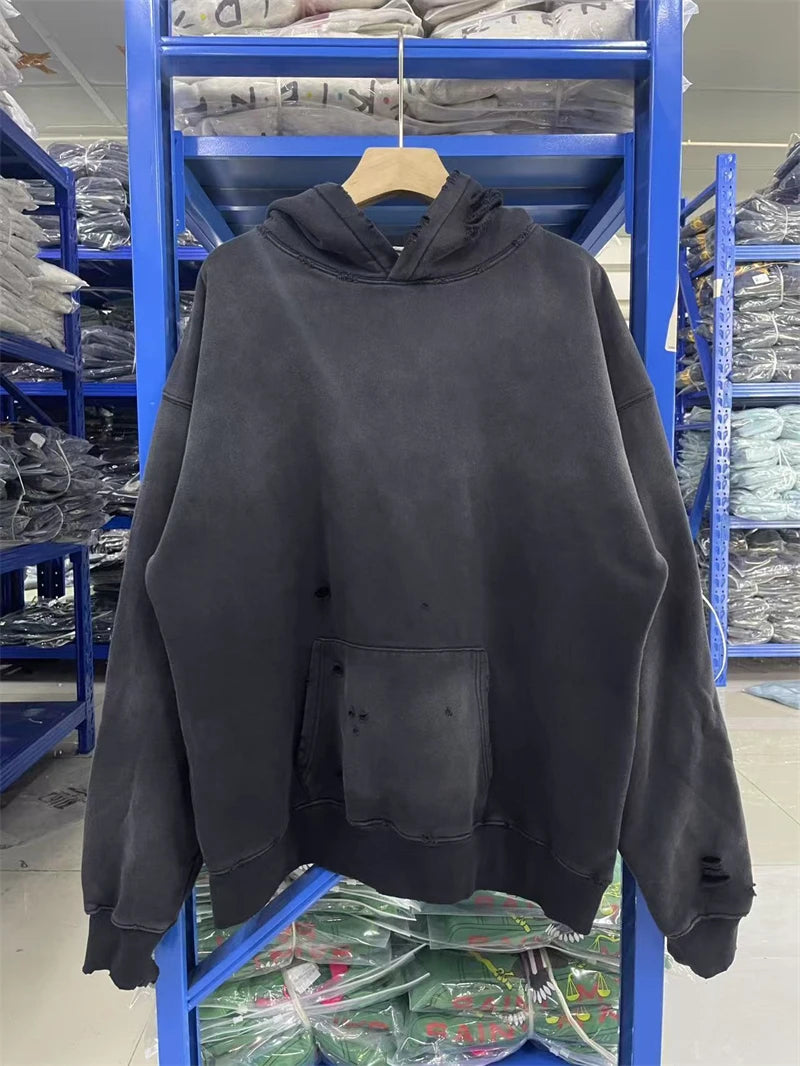 New VTG Saint Letter Logo Print Washed Hoodie Cotton Casual For Men Women Hip Hop Oversize High Street Damaged Hole Streetwear