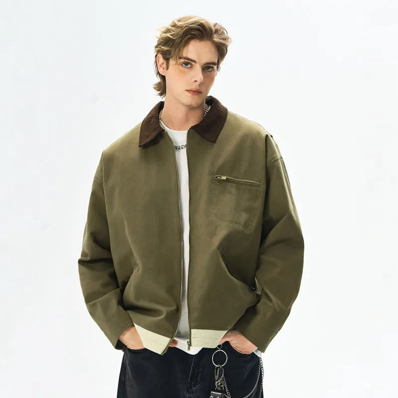 Men's Retro Canvas Detroit Hunting Jacket Heavyweight Pocket Cotton Work Jackets Lapel Collar Zipper Coats for Men Spring Fall