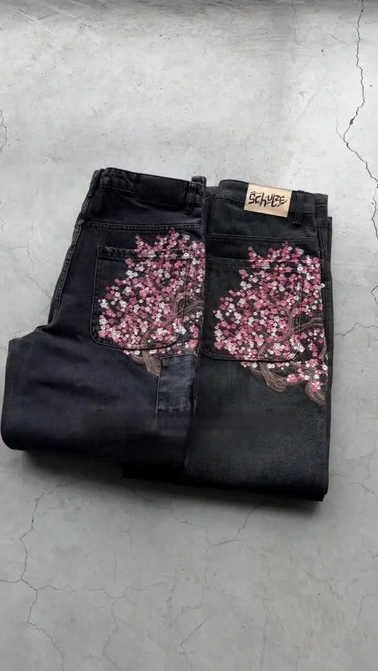 Derschutze Patchwork Cherry Blossom Embroidery Denim Pants Y2k Vintage Women Baggy Straight Wide Leg Jeans Street Men Clothes