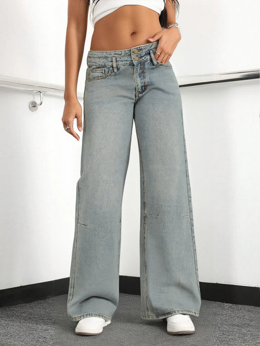 Women’s Washed Vintage Wide-Leg Jeans, Loose & Casual, Classic & Versatile