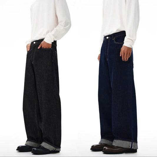 2025 autumn fashion original color straight leg rolled edge jeans for men, loose and versatile Japanese style long pants