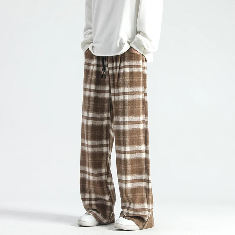 Vintage Plaid Pants Men's Loose Wide Leg Pants Autumn New Lazy Wind Straight-leg Leisure Trousers Male Jogger Sweatpant