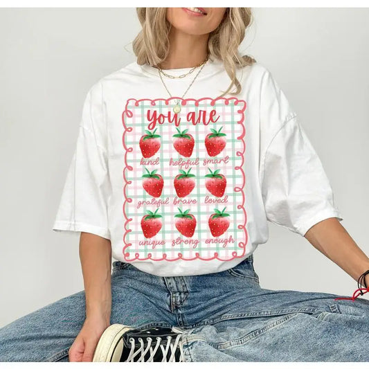 Women's "You Are Kind Helpful Smart" T-Shirt Cute Strawberry Graphic Tee Self-Love Slogan Top Motivational Gift