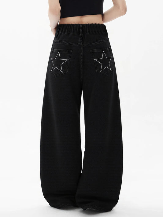 Women's Loose-Fit Black Slimming Washed Denim Pants – Stylish Straight-Leg Wide-Baggy Jeans for Girls
