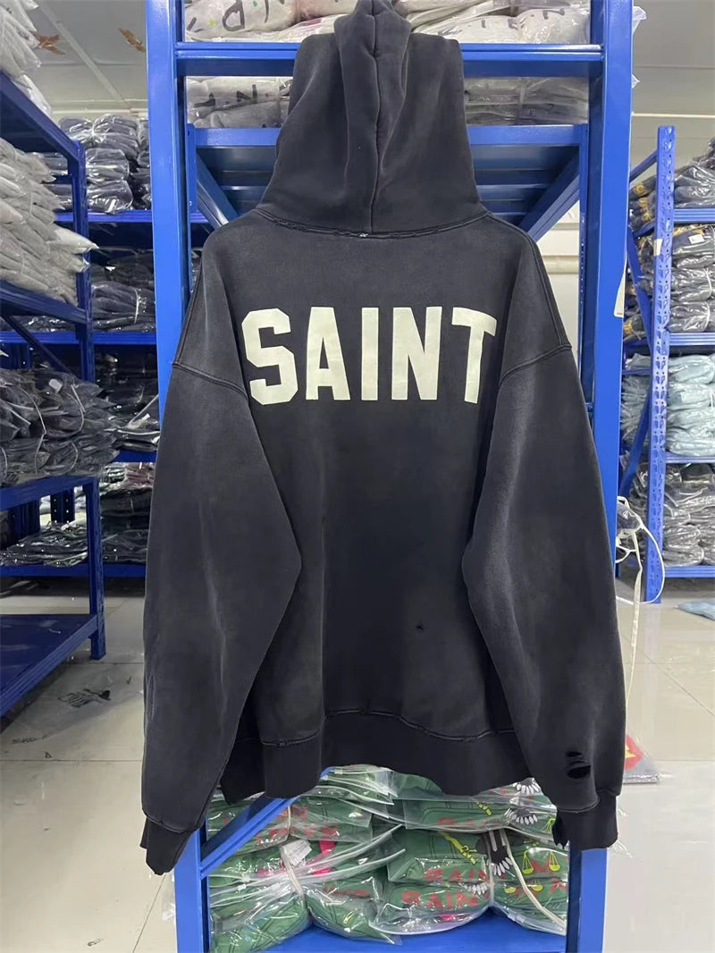 New VTG Saint Letter Logo Print Washed Hoodie Cotton Casual For Men Women Hip Hop Oversize High Street Damaged Hole Streetwear