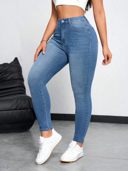 Plus size women's fashionable and versatile slim-fitting pure blue skinny jeans, stretch jeans, high waist and slim fit
