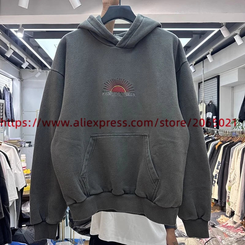 Sun Embroidery Hoodie Men Women Top Quality Oversize Washed Pullover