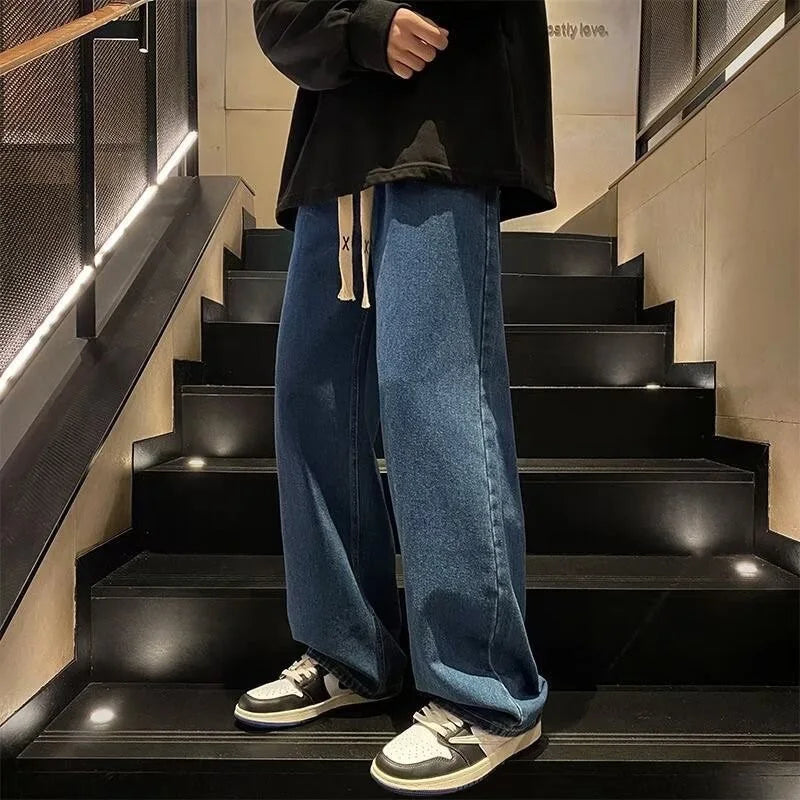 Men Fashion Korean Version Student Casual Jeans Men High Street Straight Leg Pants elastic waistband Vintage Wide Leg Trousers