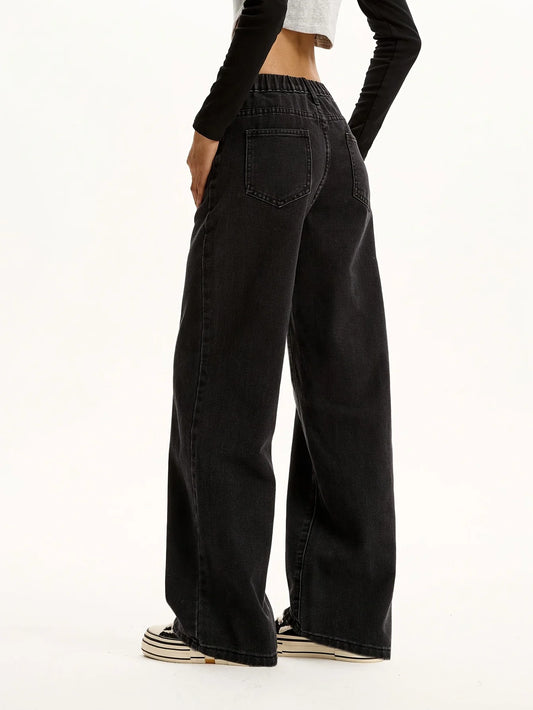 Teenage Girls' Black Casual Washed Denim Jeans - Preppy Style Trendy Straight Leg Pants