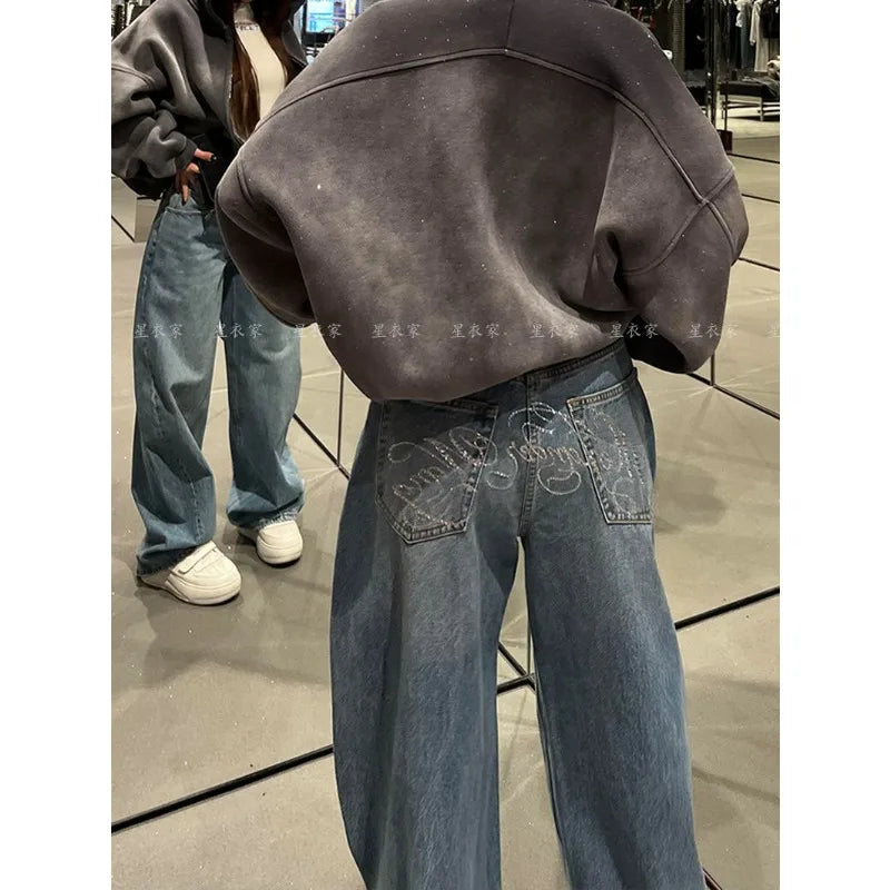 Loose Wide Leg Womens Jeans Casual  Pants Trousers Vintage Retro Design American Style Chic Distressed Oversized Fashion