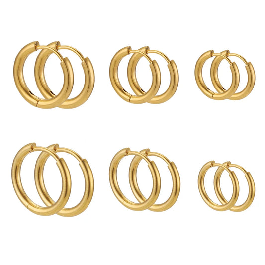6pcs Stainless Steel Hoop Earrings – 18K Gold Plated Punk Hip-Hop Jewelry