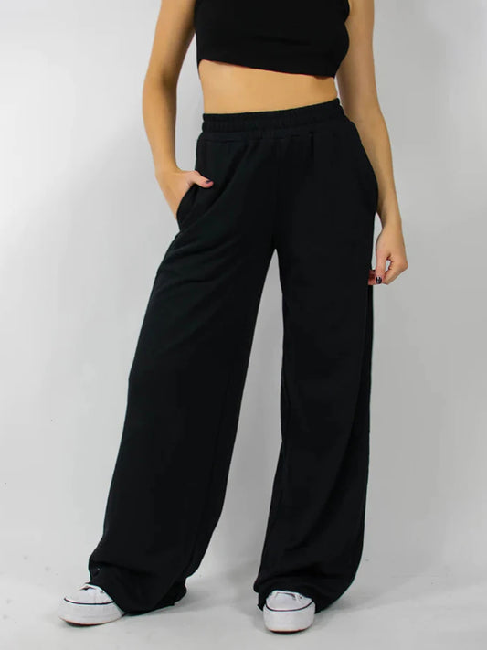 Women s High Waist Wide-Leg Pants in Solid Color Elastic Waistband Loose Fit Casual Fall Sweatpants with Straight Bottoms