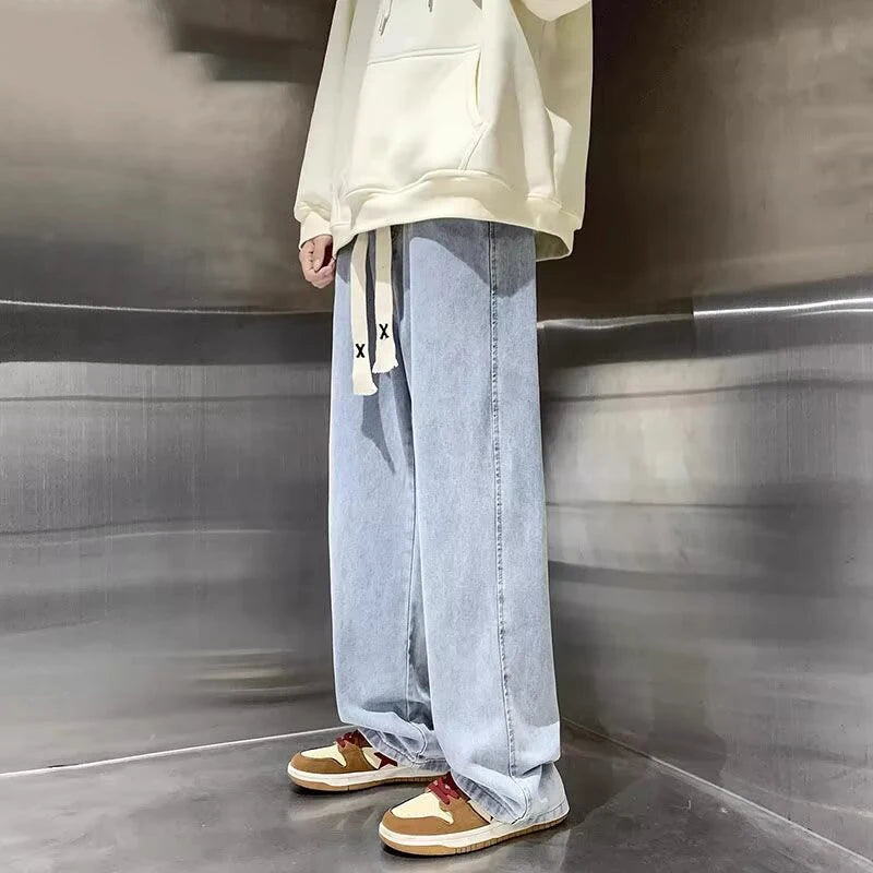 Men Fashion Korean Version Student Casual Jeans Men High Street Straight Leg Pants elastic waistband Vintage Wide Leg Trousers