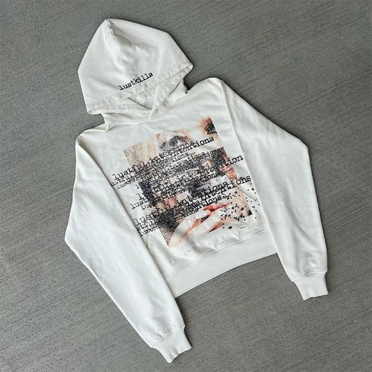Artistic Design Patterns Printing Casual Loose White Distressed Pullover Hoodie Y2K Fashion Men Women Versatile Trend Streetwear