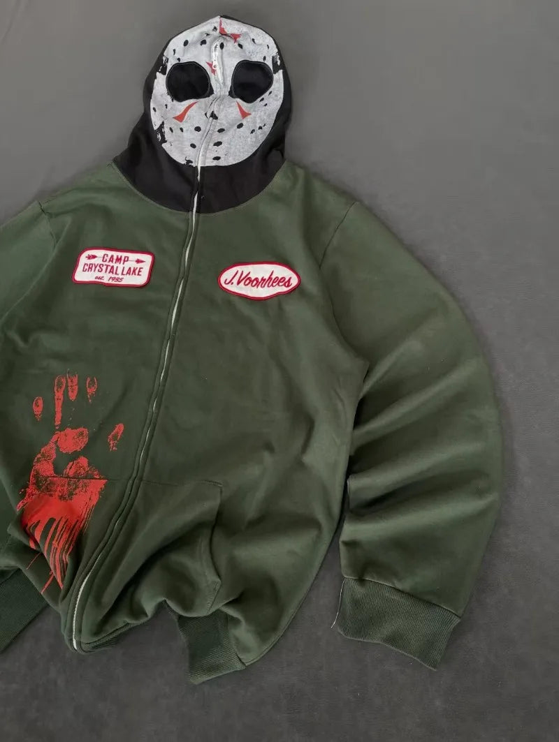 American Goth Harajuku full zipper mask pattern men hoodie Y2K high street palm dark green clothing fashion casual sportswear
